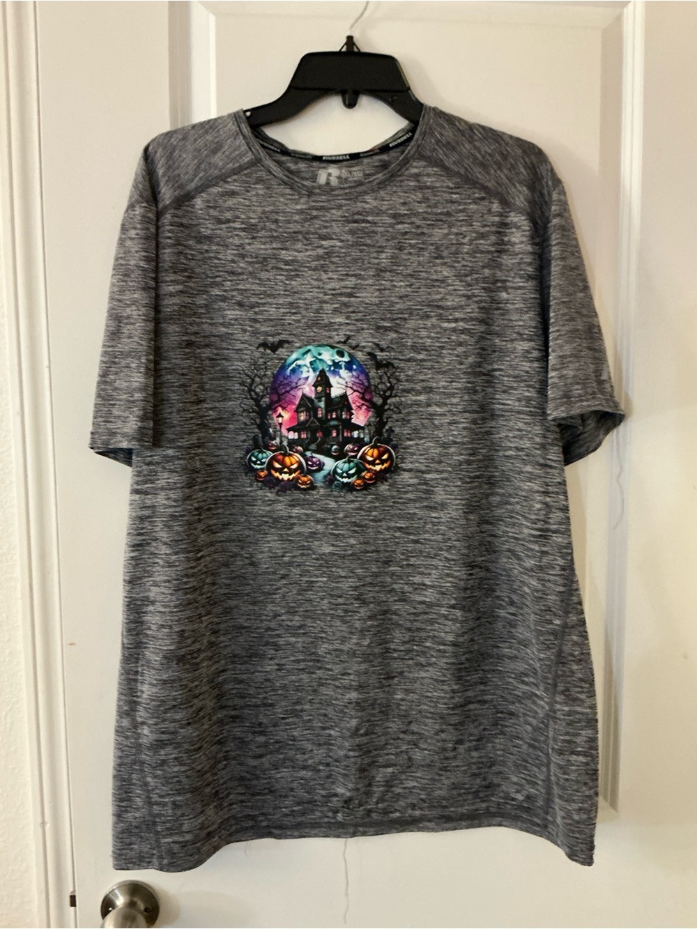 Custom Halloween Shirt Graphic Screen Print Haunted House Heather Grey XL